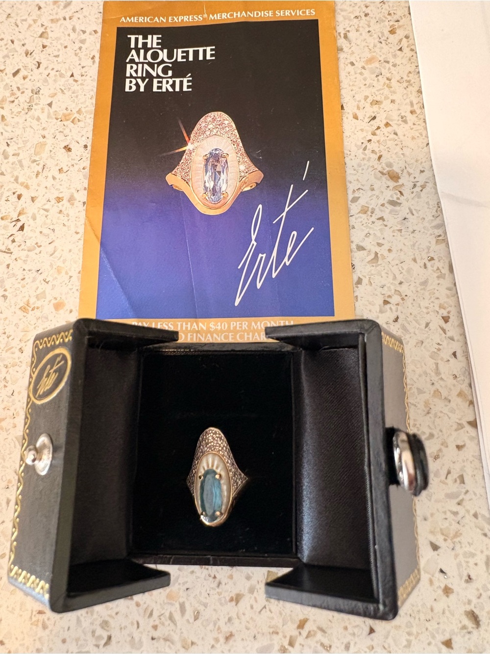Erte Alouette 14k gold, diamond pave and azure topaz Ring